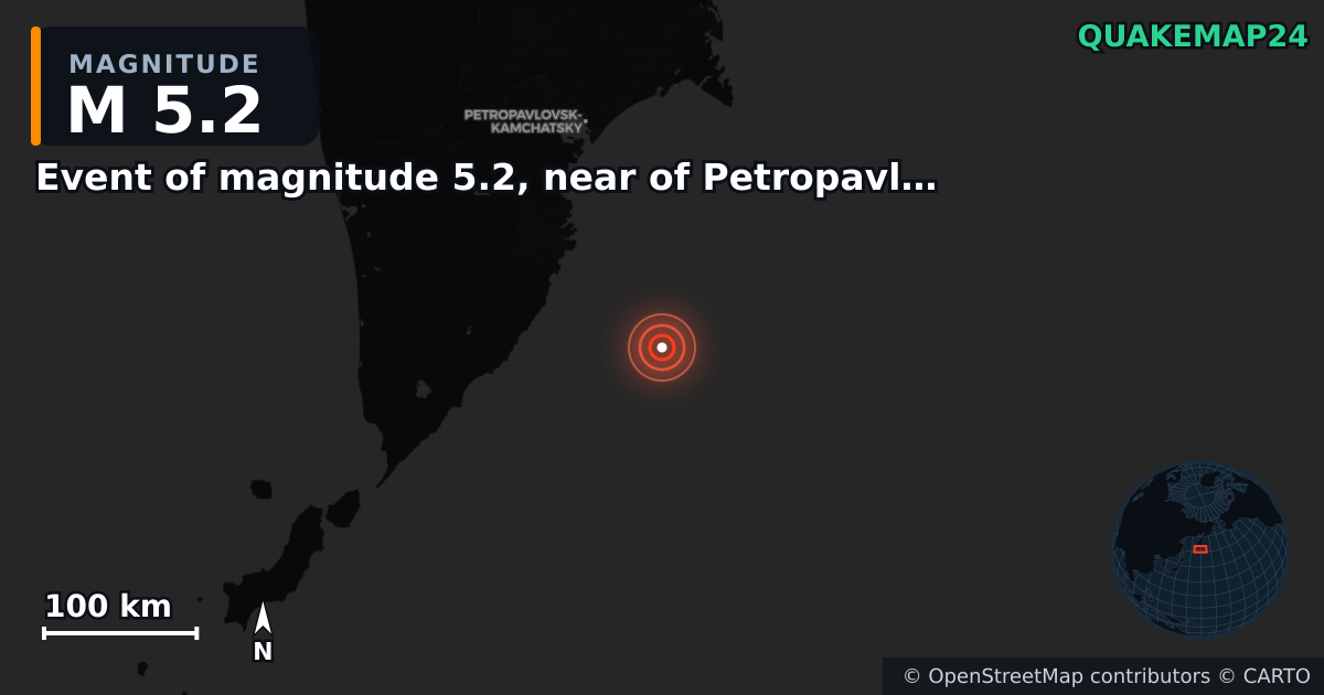 M5.2 earthquake near Event of magnitude 5.2, near of Petropavlovsk Kamchatskiy (Monde) on Jan 4, 2026 — map of epicenter and shaking intensity | QuakeMap24