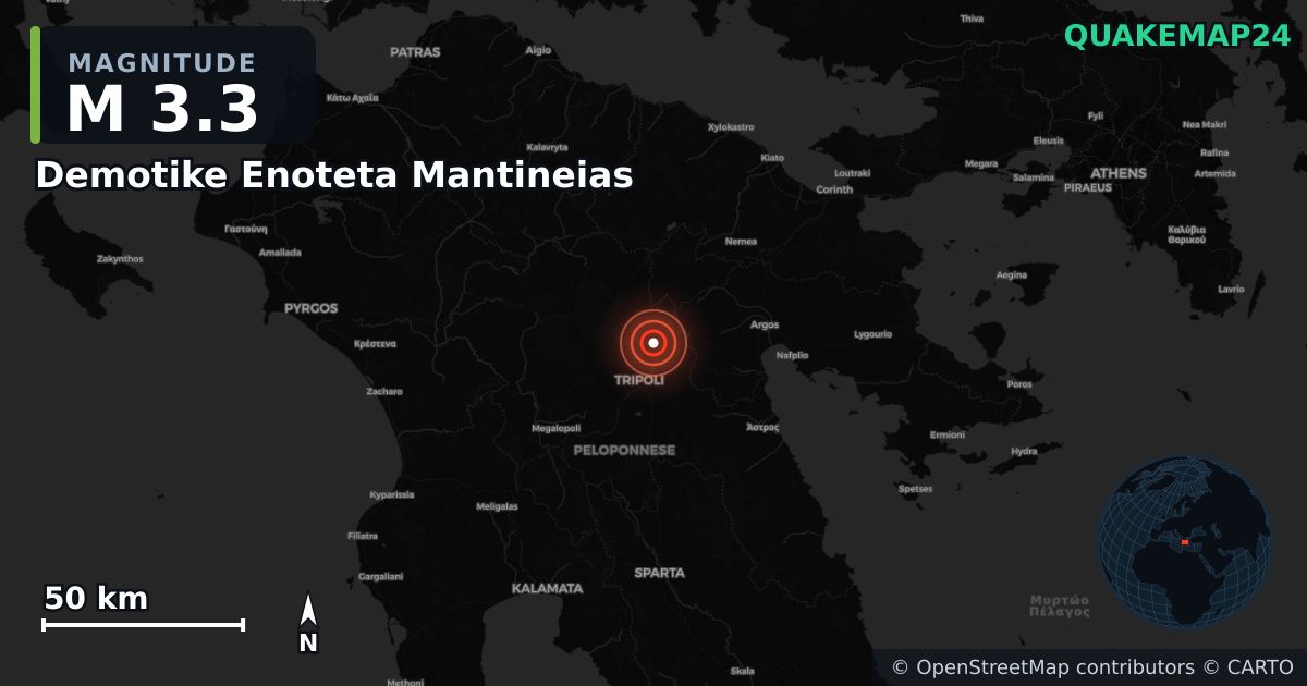 M3.3 earthquake near Demotike Enoteta Mantineias on Oct 16, 2025 — map of epicenter and shaking intensity | QuakeMap24