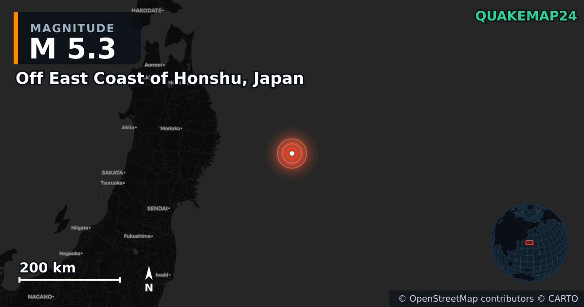 M5.3 earthquake near Off East Coast of Honshu, Japan on Mar 13, 2026 — map of epicenter and shaking intensity | QuakeMap24