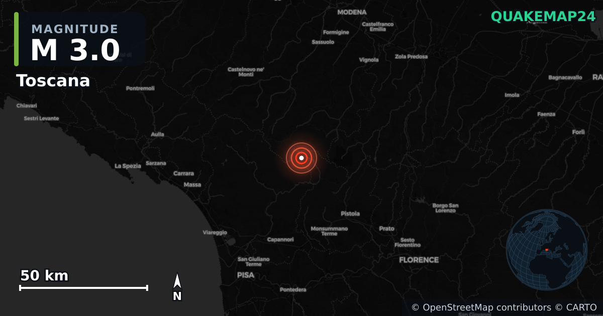 M3.0 earthquake near Toscana on Sep 4, 2025 — map of epicenter and shaking intensity | QuakeMap24