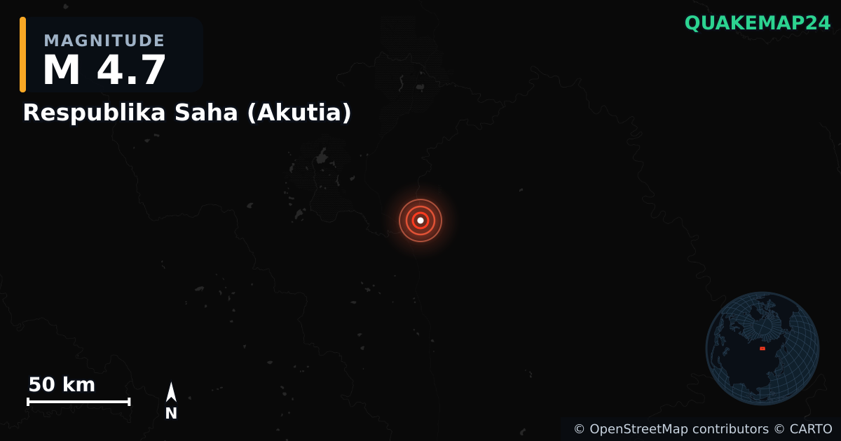 M4.7 earthquake near Respublika Saha (Akutia) on Aug 23, 2025 — map of epicenter and shaking intensity | QuakeMap24
