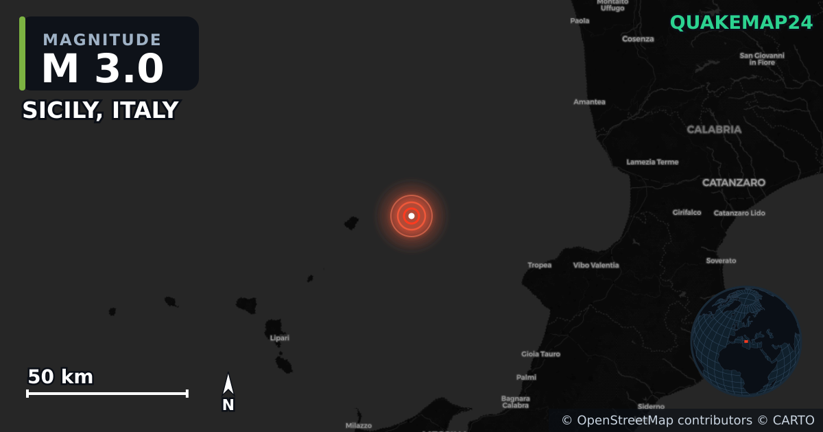 M3.0 earthquake near SICILY, ITALY on Aug 8, 2025 — map of epicenter and shaking intensity | QuakeMap24