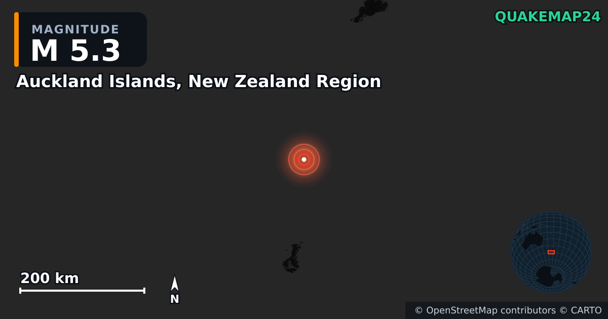 Σεισμός M5,3 κοντά στο Auckland Islands, New Zealand Region · 2026-03-03 — Χάρτης της θέσης του επικέντρου