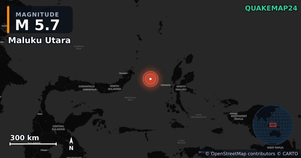 M5.7 earthquake near Maluku Utara on May 25, 2026 — map of epicenter and shaking intensity | QuakeMap24
