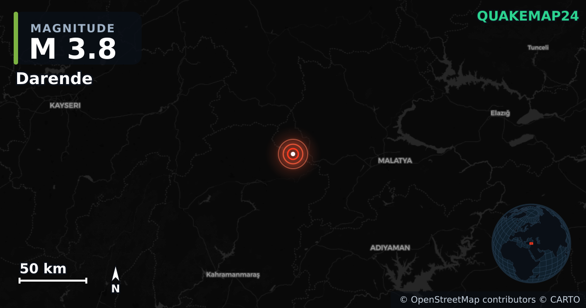M3.8 earthquake near Darende on Aug 28, 2025 — map of epicenter and shaking intensity | QuakeMap24