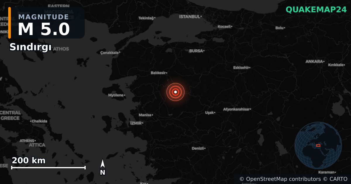 M5.0 earthquake near Sındırgı on Sep 7, 2025 — map of epicenter and shaking intensity | QuakeMap24
