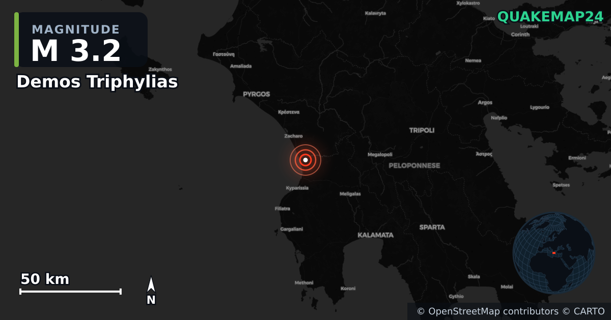 M3.2 earthquake near Demos Triphylias on Mar 28, 2026 — map of epicenter and shaking intensity | QuakeMap24