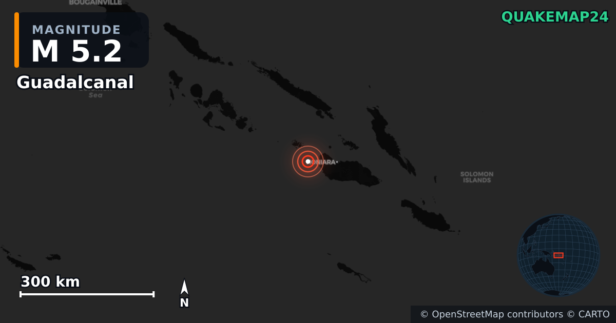 M5.2 earthquake near Guadalcanal on May 1, 2025 — map of epicenter and shaking intensity | QuakeMap24
