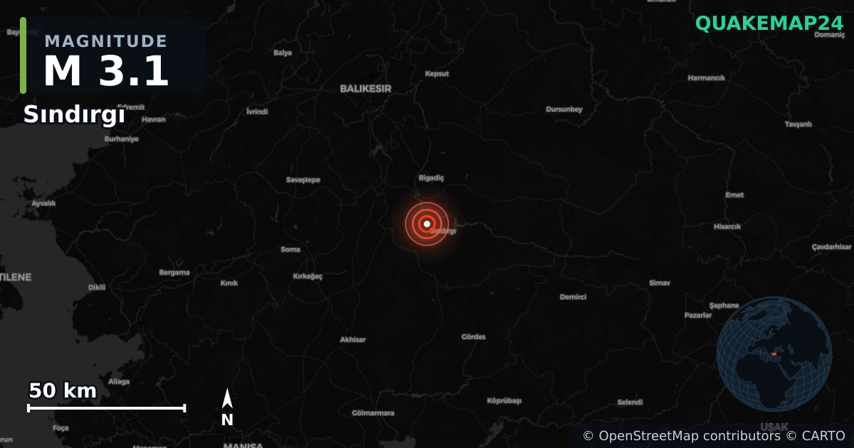 M3.1 earthquake near Sındırgı on Nov 13, 2025 — map of epicenter and shaking intensity | QuakeMap24