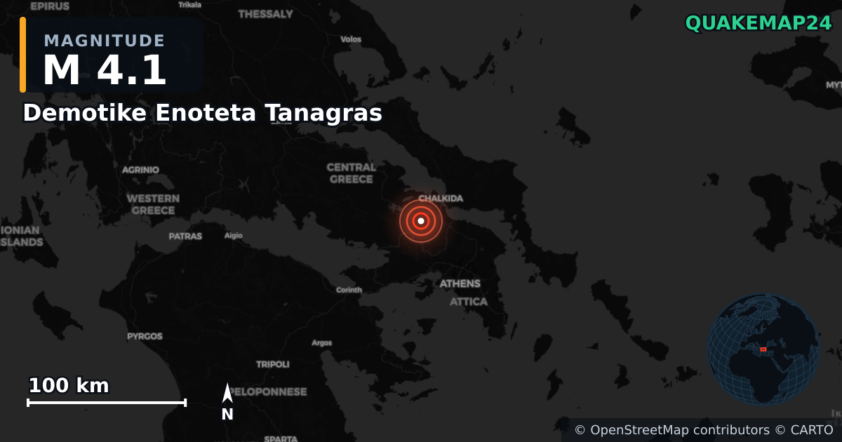 Σεισμός M4,1 κοντά στο Demotike Enoteta Tanagras, Central Greece (Ελλάδα) · 2026-09-30 — Χάρτης της θέσης του επικέντρου