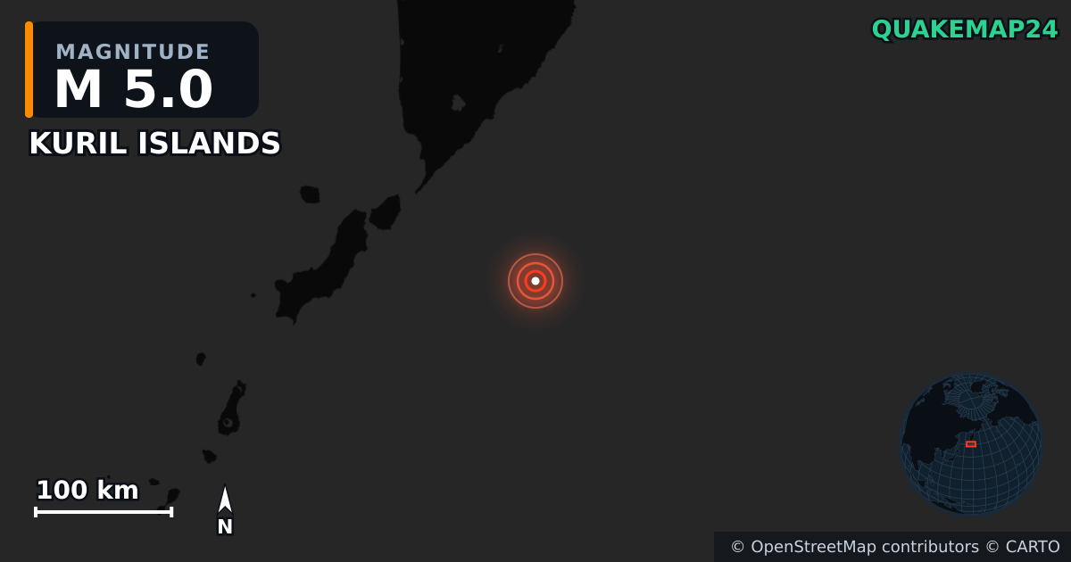 M5.0 earthquake near KURIL ISLANDS on Jul 30, 2025 — map of epicenter and shaking intensity | QuakeMap24