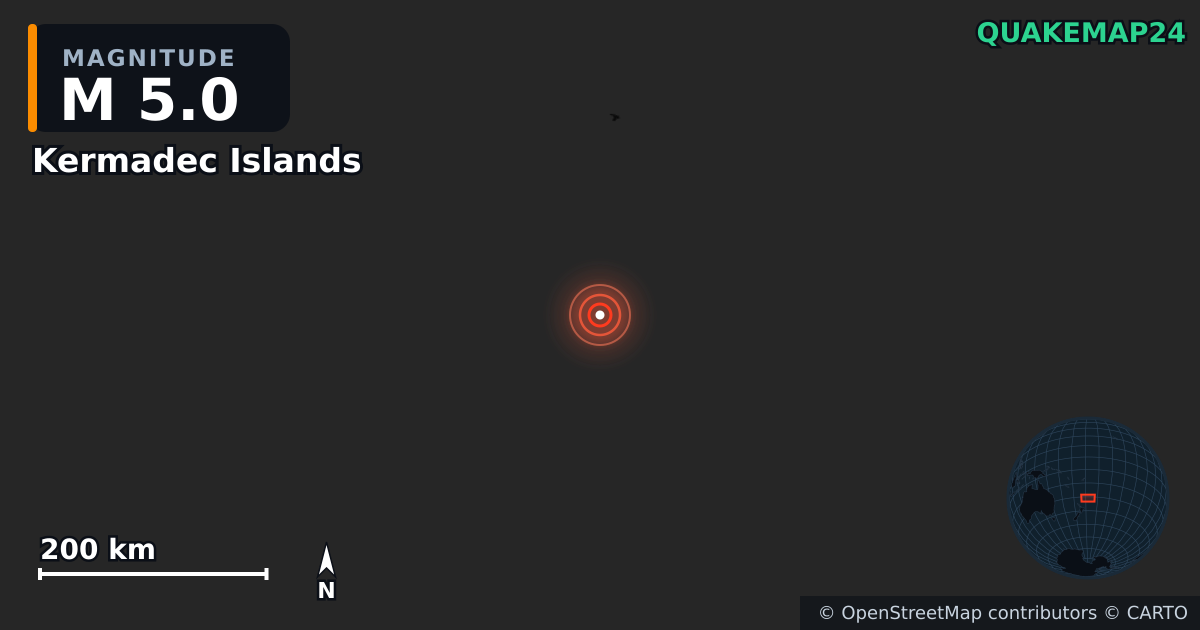 M5.0 earthquake near Kermadec Islands on Apr 24, 2026 — map of epicenter and shaking intensity | QuakeMap24