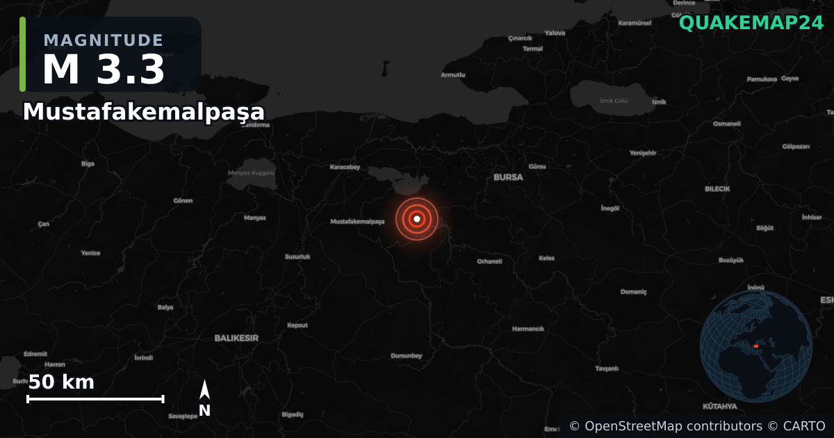 M3.3 earthquake near Mustafakemalpaşa on Aug 15, 2026 — map of epicenter and shaking intensity | QuakeMap24