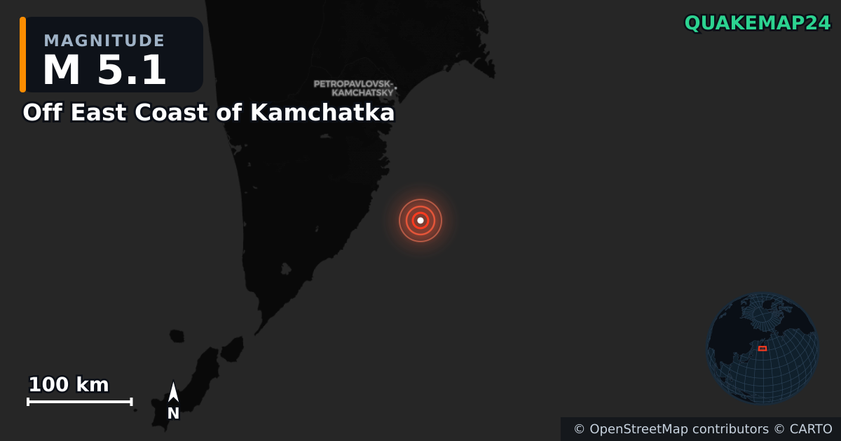 M5.1 earthquake near Off East Coast of Kamchatka on Jul 30, 2025 — map of epicenter and shaking intensity | QuakeMap24