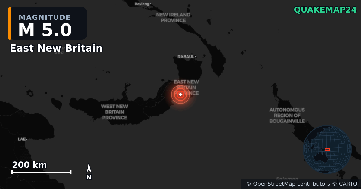 M5.0 earthquake near East New Britain on Sep 29, 2025 — map of epicenter and shaking intensity | QuakeMap24