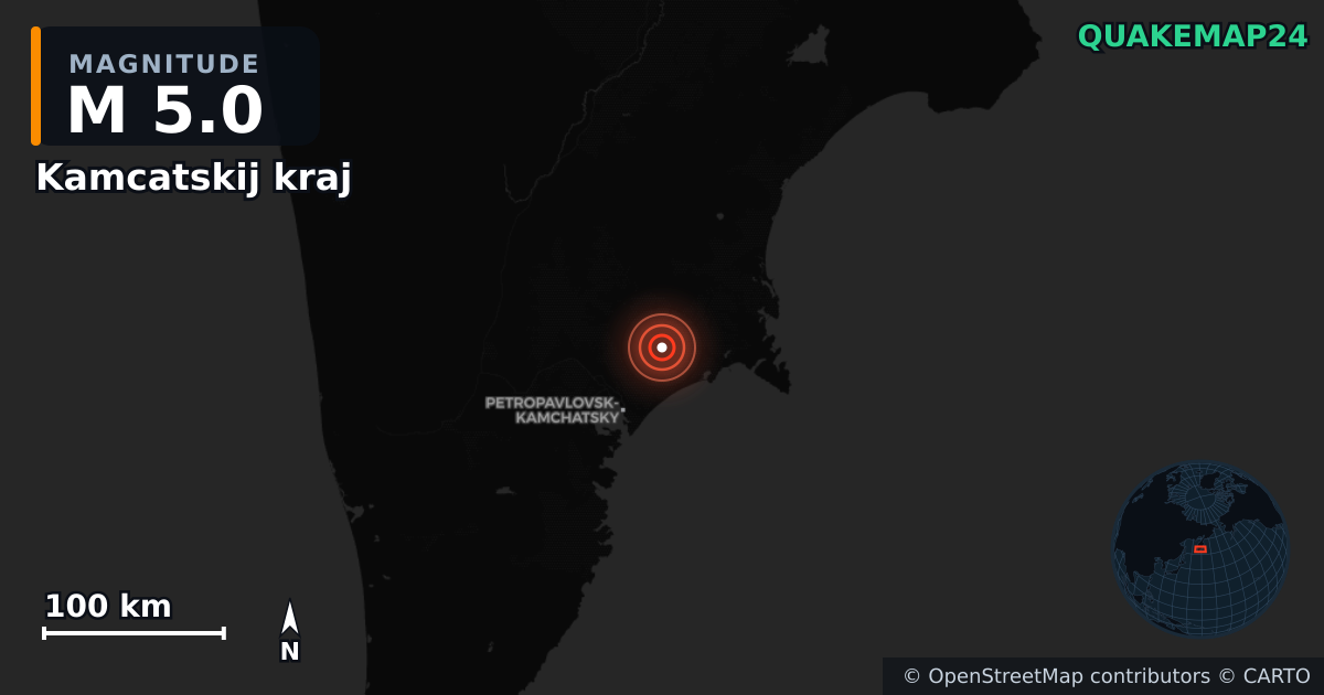M5.0 earthquake near Kamcatskij kraj on Sep 18, 2025 — map of epicenter and shaking intensity | QuakeMap24
