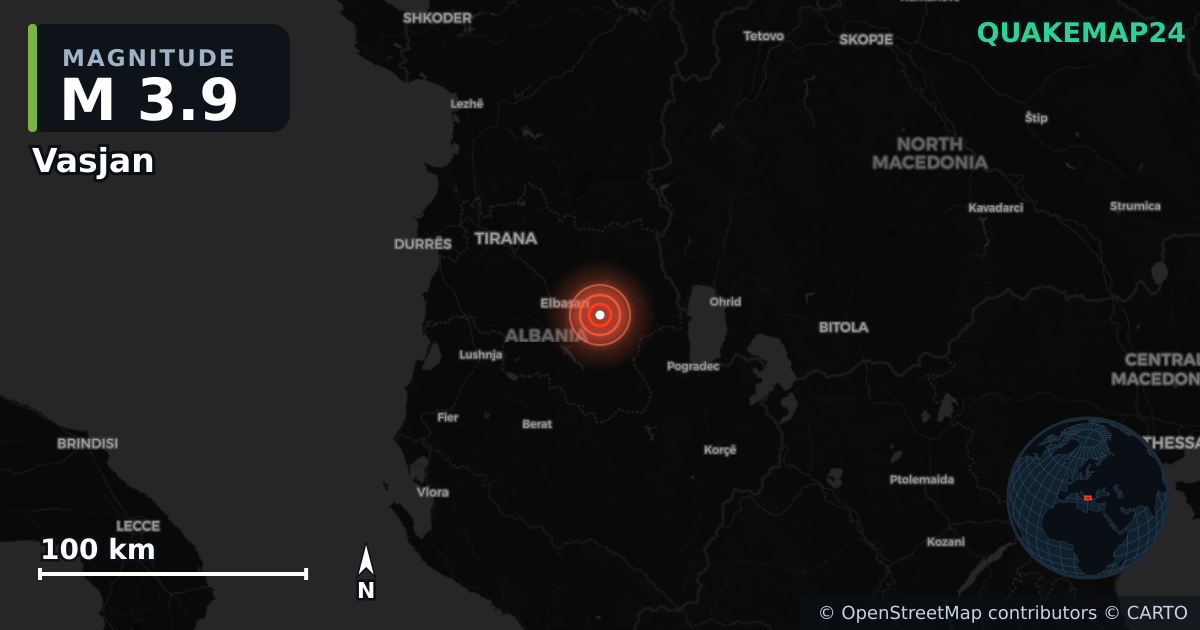 M3.9 earthquake near Vasjan on Jul 29, 2026 — map of epicenter and shaking intensity | QuakeMap24