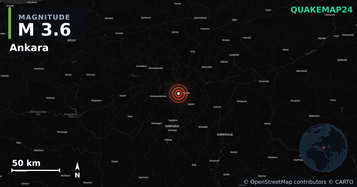 M3.6 earthquake near Ankara on Jun 29, 2025 — map of epicenter and shaking intensity | QuakeMap24
