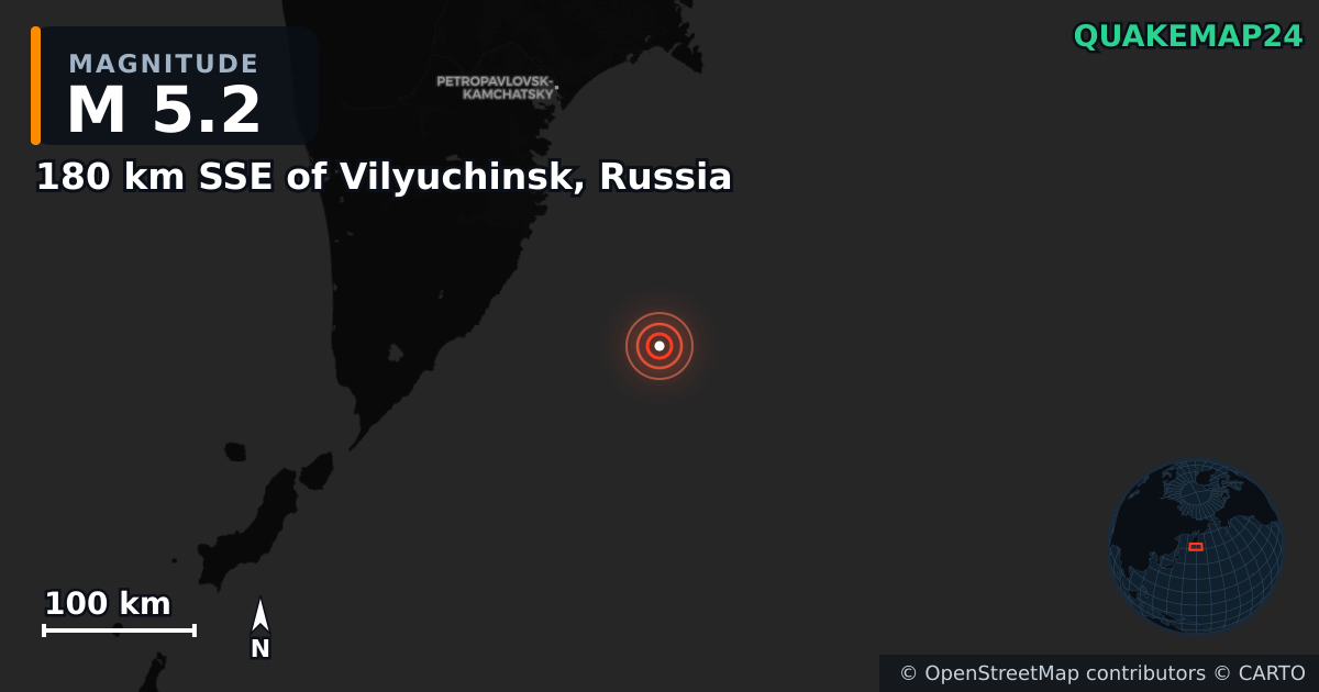 M5.2 earthquake near 180 km SSE of Vilyuchinsk, Russia on Aug 10, 2025 — map of epicenter and shaking intensity | QuakeMap24