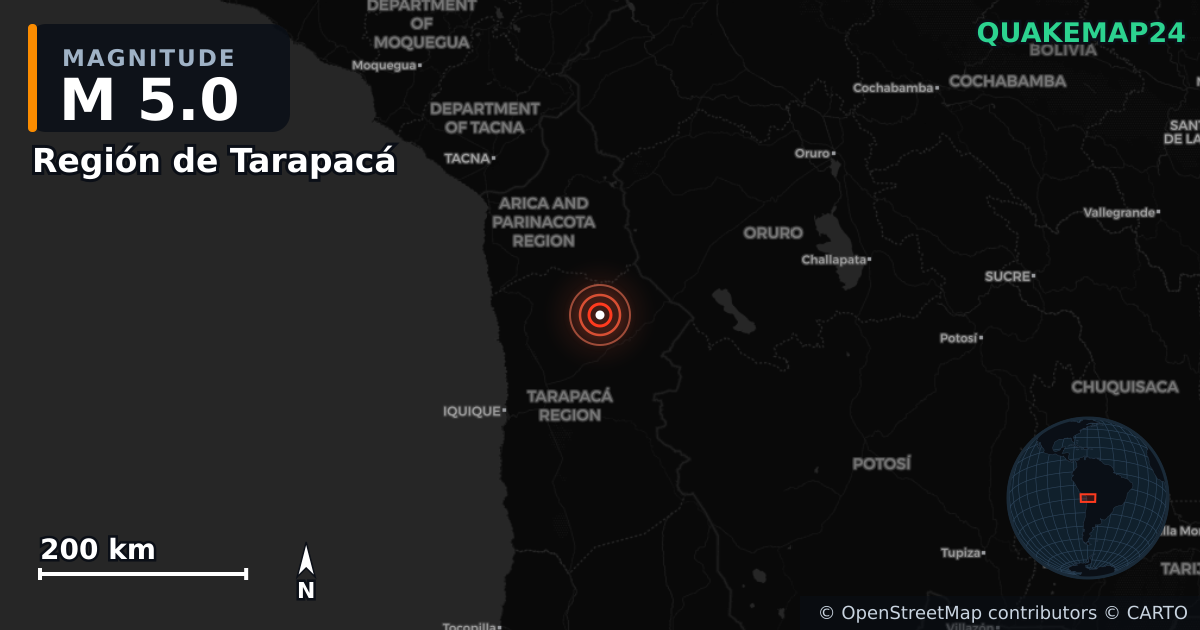 M5.0 earthquake near Región de Tarapacá on Aug 24, 2025 — map of epicenter and shaking intensity | QuakeMap24