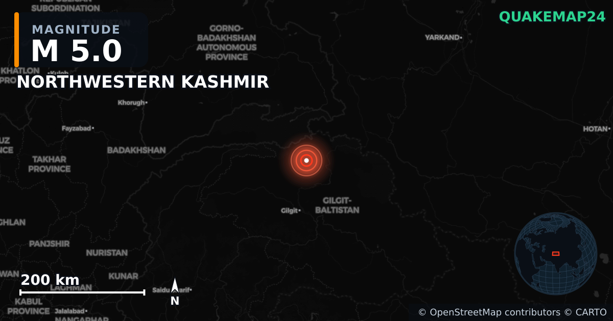 M5.0 earthquake near NORTHWESTERN KASHMIR on Mar 27, 2026 — map of epicenter and shaking intensity | QuakeMap24