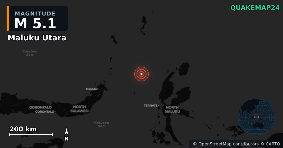 M5.1 earthquake near Maluku Utara on May 23, 2025 — map of epicenter and shaking intensity | QuakeMap24