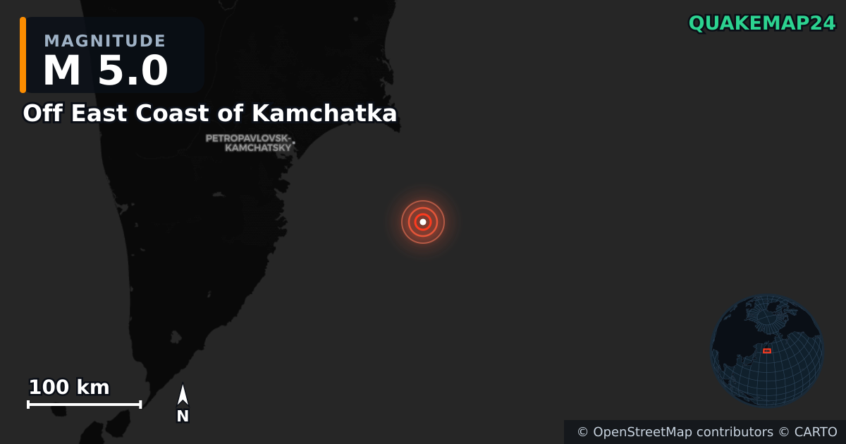 Off East Coast of Kamchatka yakınında M5,0 deprem — Deprem merkez üssünün konumunu gösteren harita