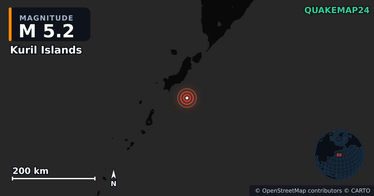 M5.2 earthquake near Kuril Islands on Jul 31, 2025 — map of epicenter and shaking intensity | QuakeMap24