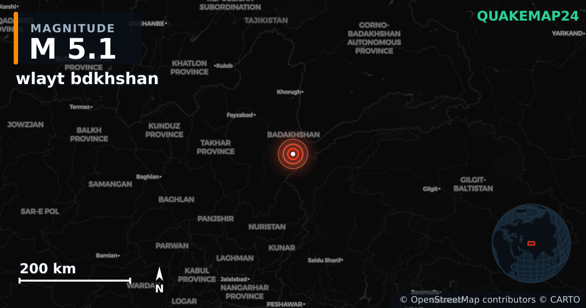 M5.1 earthquake near wlayt bdkhshan on Aug 27, 2025 — map of epicenter and shaking intensity | QuakeMap24