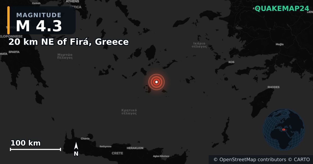 M4.3 earthquake near 20 km NE of Firá, Greece on Feb 4, 2025 — map of epicenter and shaking intensity | QuakeMap24