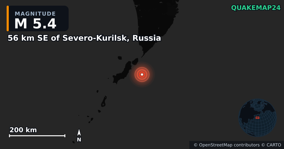 M5.4 earthquake near 56 km SE of Severo-Kurilsk, Russia on Oct 11, 2025 — map of epicenter and shaking intensity | QuakeMap24