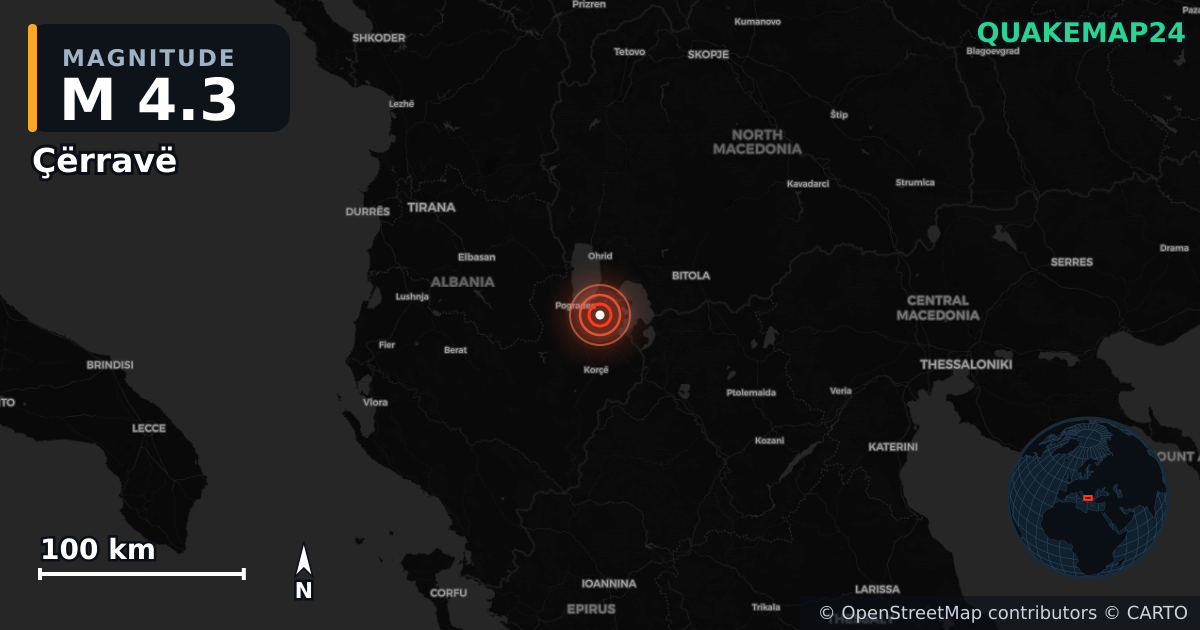 Erdbeben M4,3 bei Çërravë (Albanien) · 2026-09-08 — Karte der Lage des Epizentrums