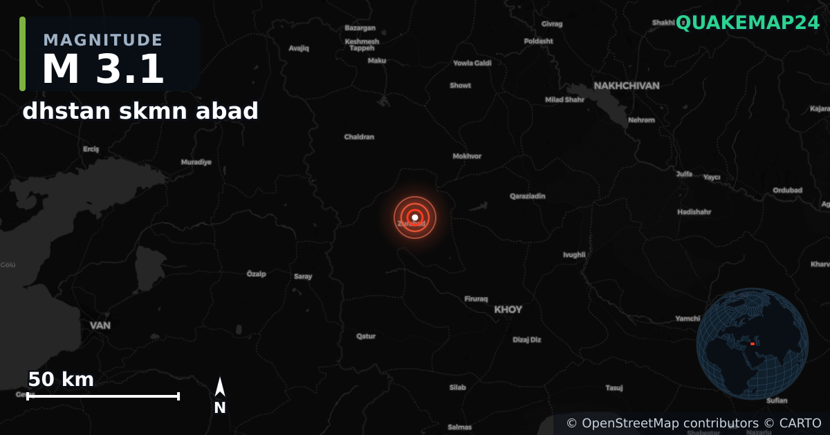 M3.1 earthquake near dhstan skmn abad on Dec 3, 2025 — map of epicenter and shaking intensity | QuakeMap24
