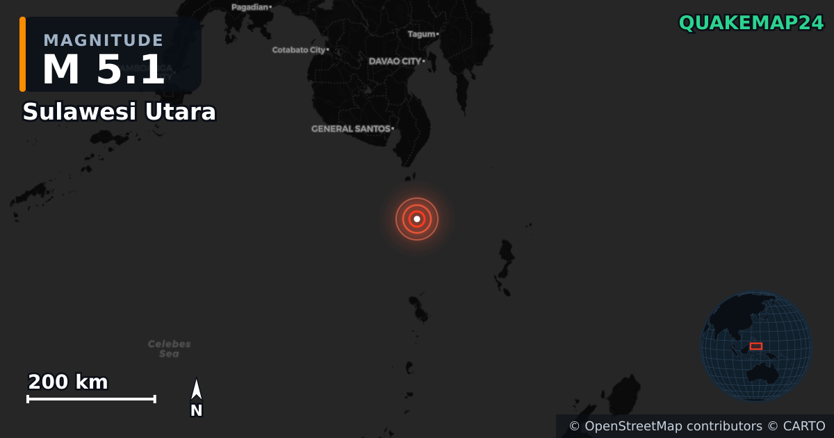 M5.1 earthquake near Sulawesi Utara on Jun 11, 2026 — map of epicenter and shaking intensity | QuakeMap24
