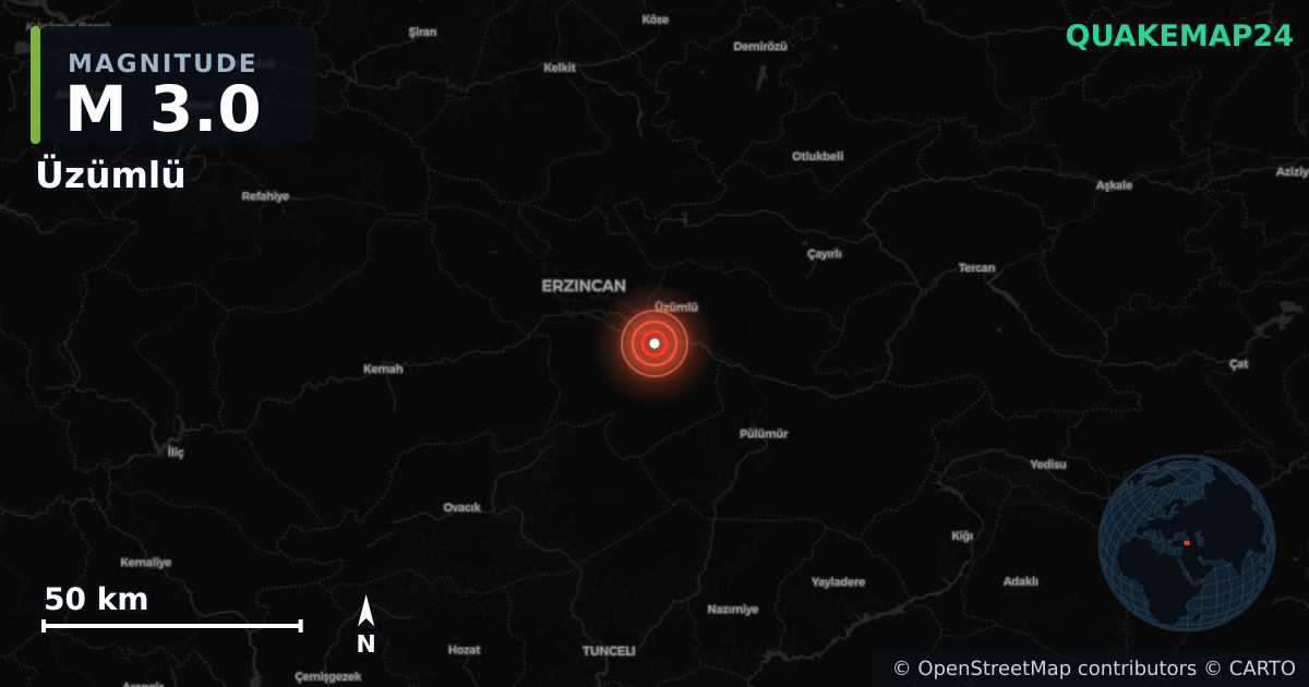 M3.0 earthquake near Üzümlü on Apr 1, 2026 — map of epicenter and shaking intensity | QuakeMap24
