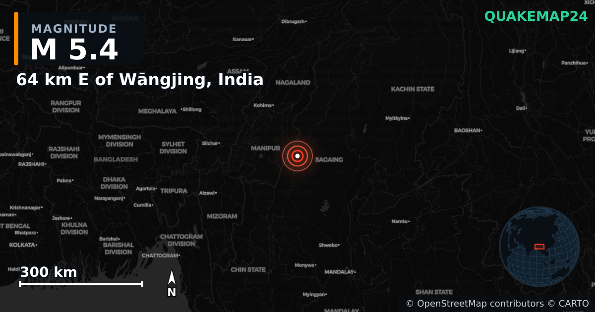 M5.4 earthquake near 64 km E of Wāngjing, India on Mar 5, 2025 — map of epicenter and shaking intensity | QuakeMap24
