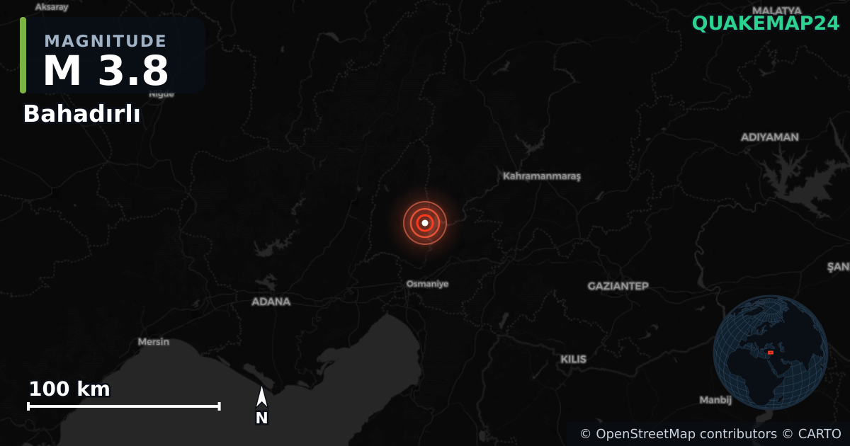 M3.8 earthquake near Bahadırlı on Sep 18, 2025 — map of epicenter and shaking intensity | QuakeMap24