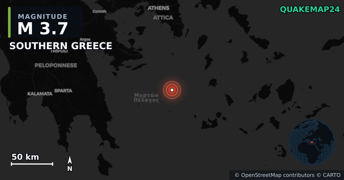 M3.7 earthquake near SOUTHERN GREECE on Jun 3, 2025 — map of epicenter and shaking intensity | QuakeMap24