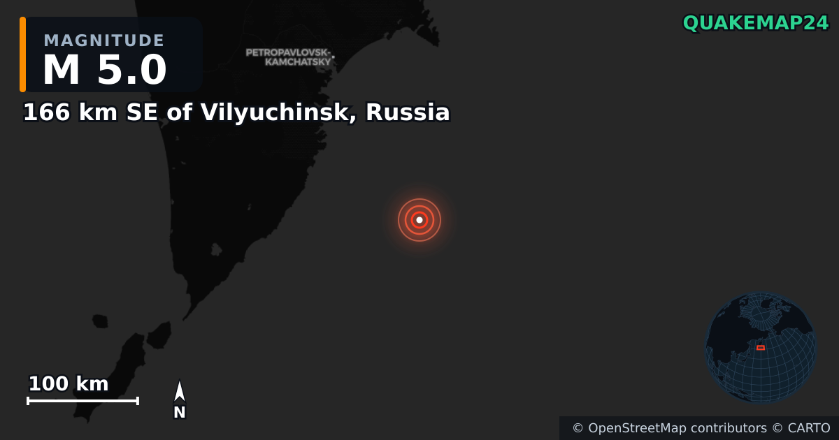 M5.0 earthquake near 166 km SE of Vilyuchinsk, Russia on Aug 8, 2025 — map of epicenter and shaking intensity | QuakeMap24