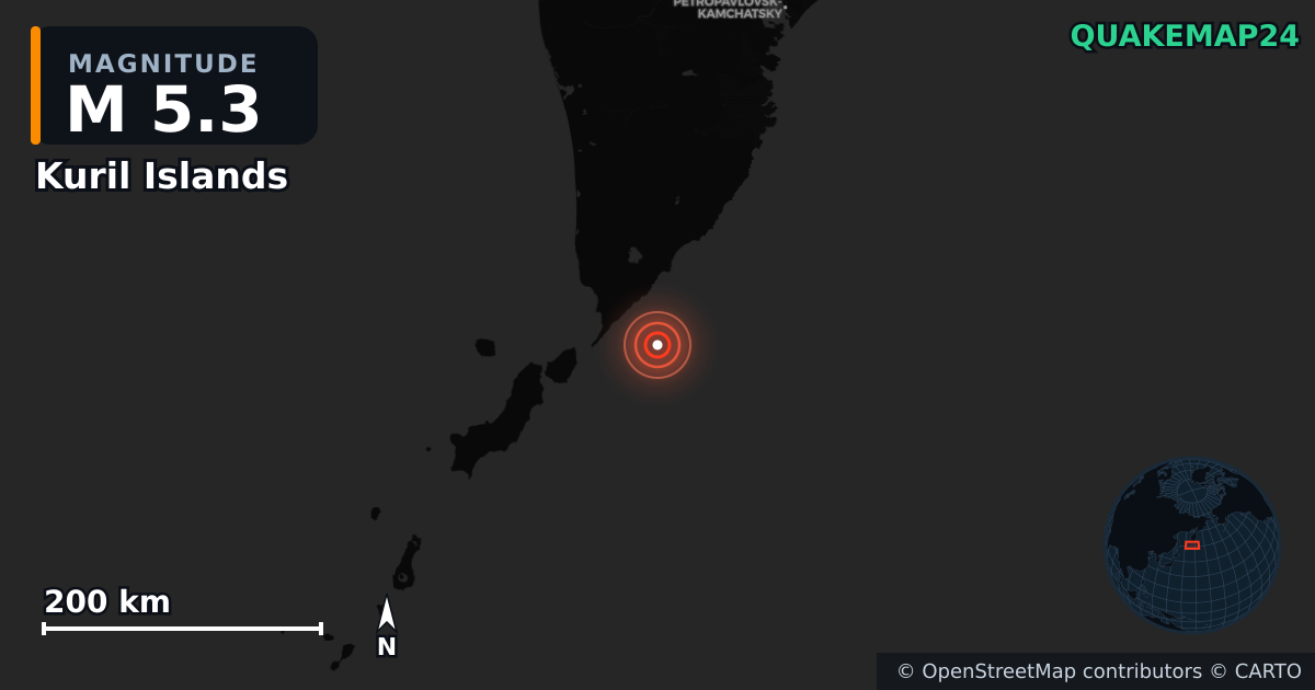 M5.3 earthquake near Kuril Islands on May 17, 2026 — map of epicenter and shaking intensity | QuakeMap24