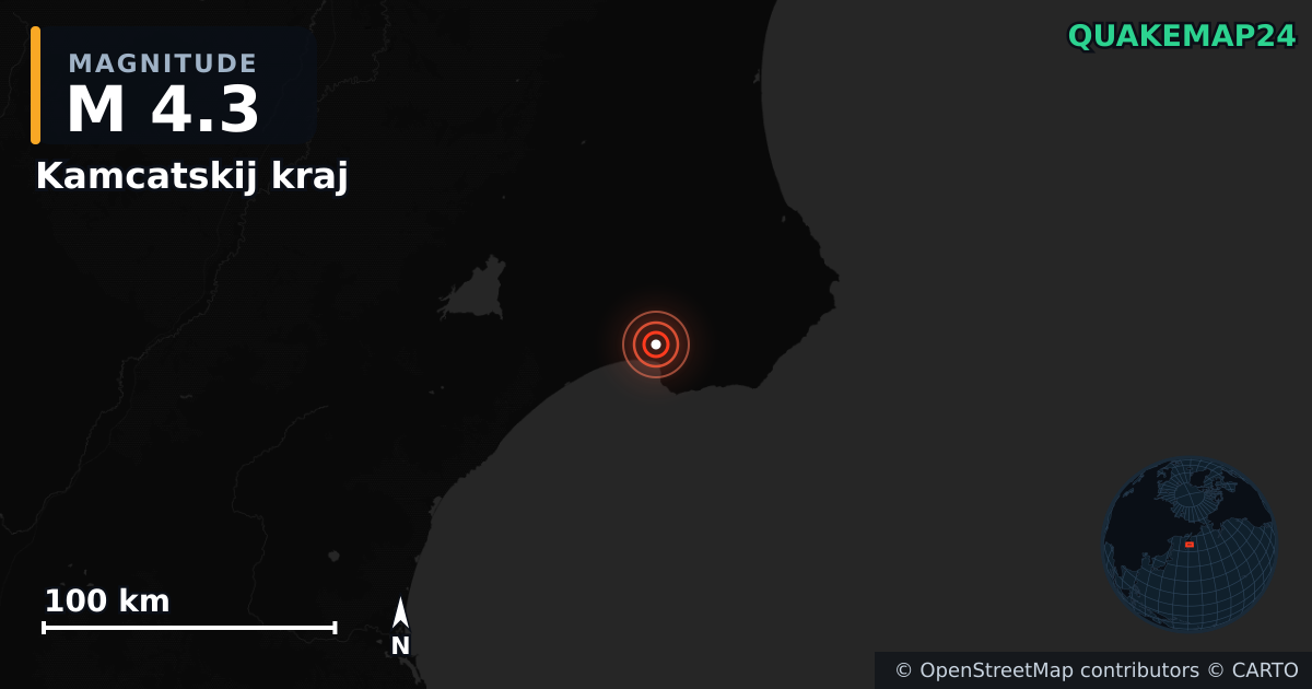 M4.3 earthquake near Kamcatskij kraj on May 12, 2025 — map of epicenter and shaking intensity | QuakeMap24