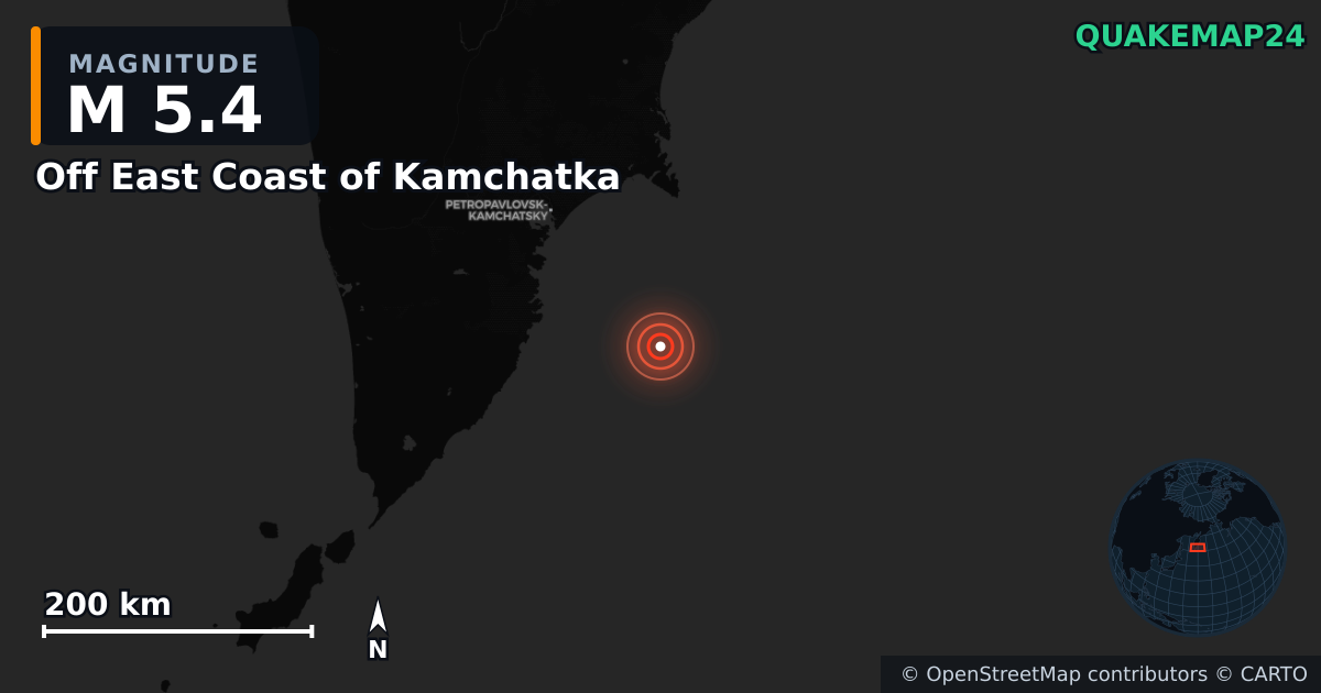 M5.4 earthquake near Off East Coast of Kamchatka on Jul 30, 2025 — map of epicenter and shaking intensity | QuakeMap24