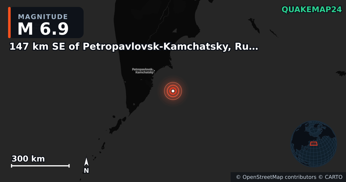 M6.9 earthquake near 147 km SE of Petropavlovsk-Kamchatsky, Russia on Jul 30, 2025 — map of epicenter and shaking intensity | QuakeMap24