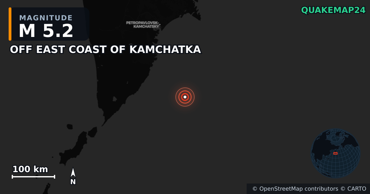 M5.2 earthquake near OFF EAST COAST OF KAMCHATKA on Jun 3, 2026 — map of epicenter and shaking intensity | QuakeMap24