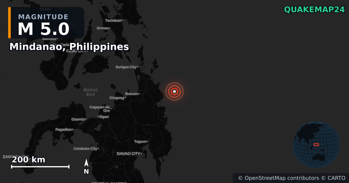 M5.0 earthquake near Mindanao, Philippines on Apr 29, 2026 — map of epicenter and shaking intensity | QuakeMap24