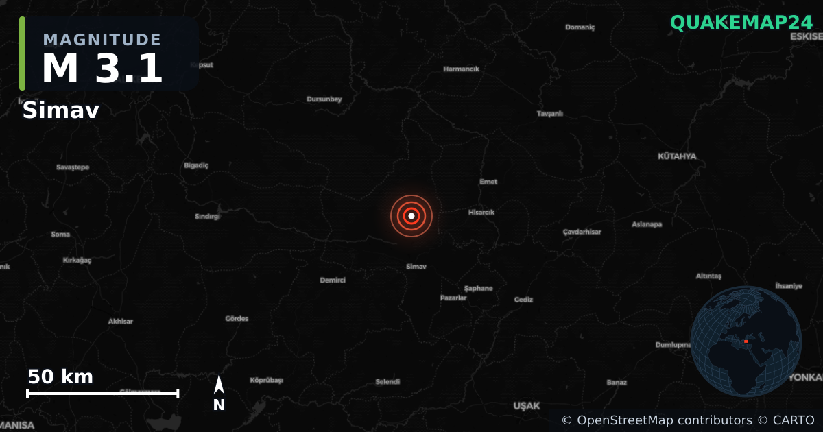 M3.1 earthquake near Simav on May 22, 2025 — map of epicenter and shaking intensity | QuakeMap24