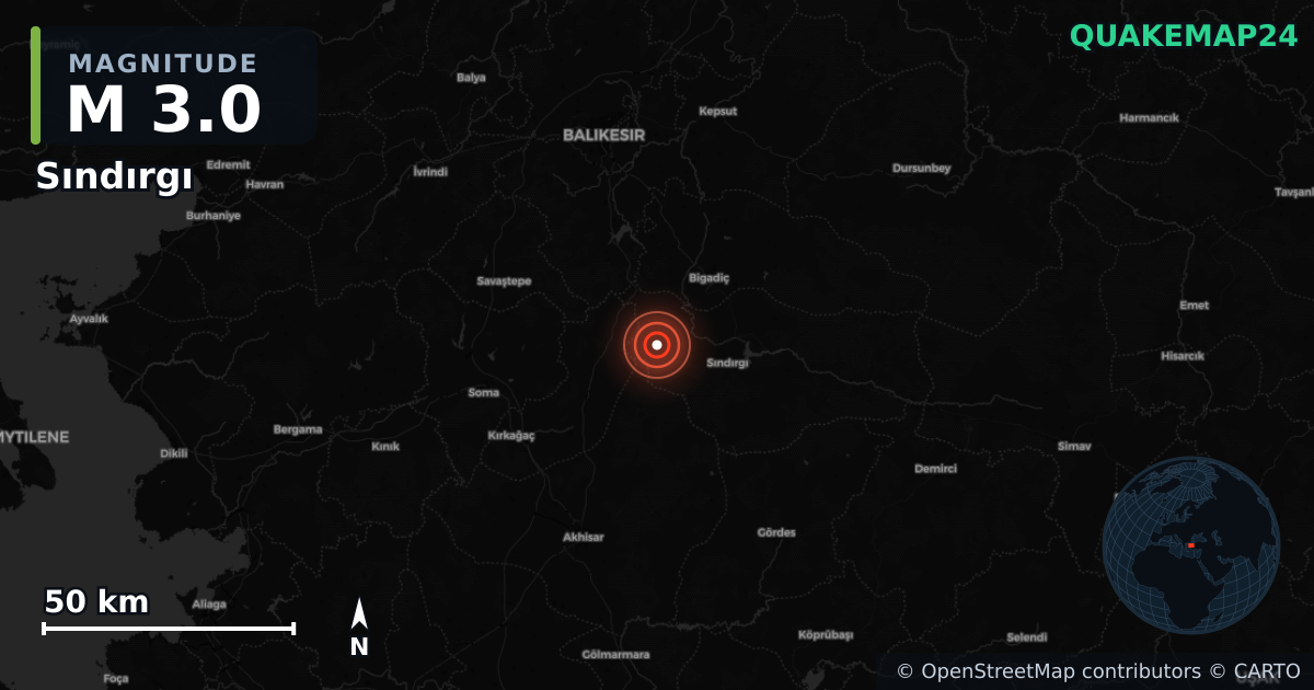 M3.0 earthquake near Sındırgı on Aug 26, 2025 — map of epicenter and shaking intensity | QuakeMap24