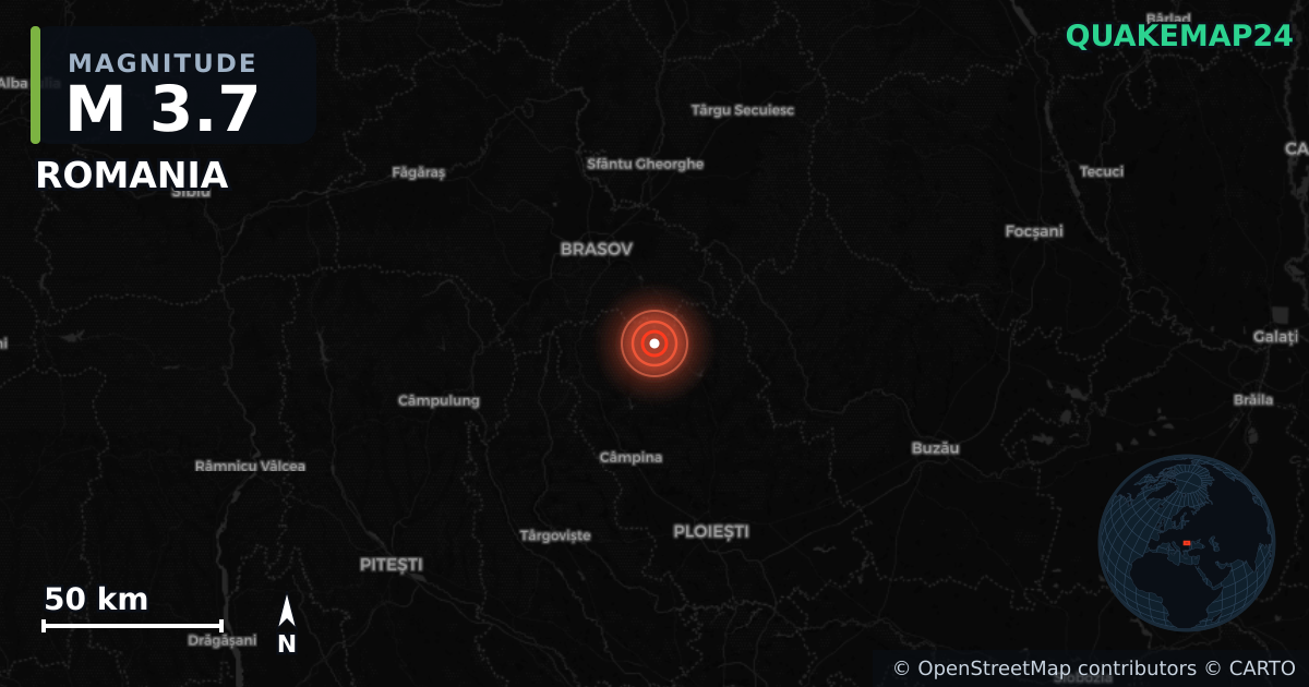M3.7 earthquake near ROMANIA on Dec 23, 2025 — map of epicenter and shaking intensity | QuakeMap24