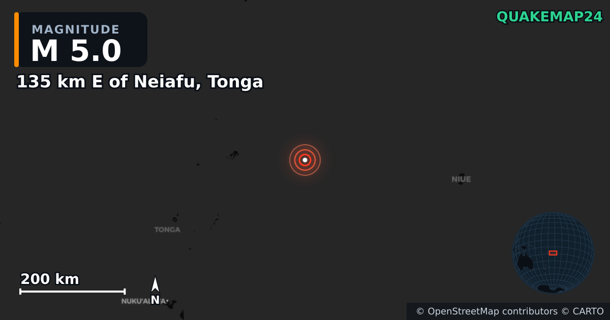 M5.0 earthquake near 135 km E of Neiafu, Tonga on Apr 16, 2025 — map of epicenter and shaking intensity | QuakeMap24