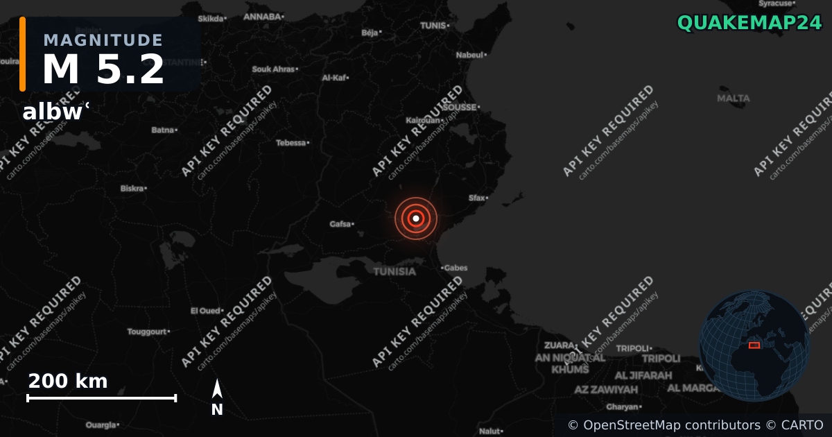 M5.2 earthquake near albwʿ on Feb 3, 2025 — map of epicenter and shaking intensity | QuakeMap24
